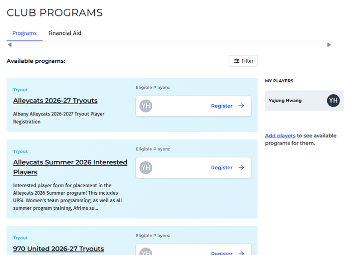 Club programs page in PlayMetrics
